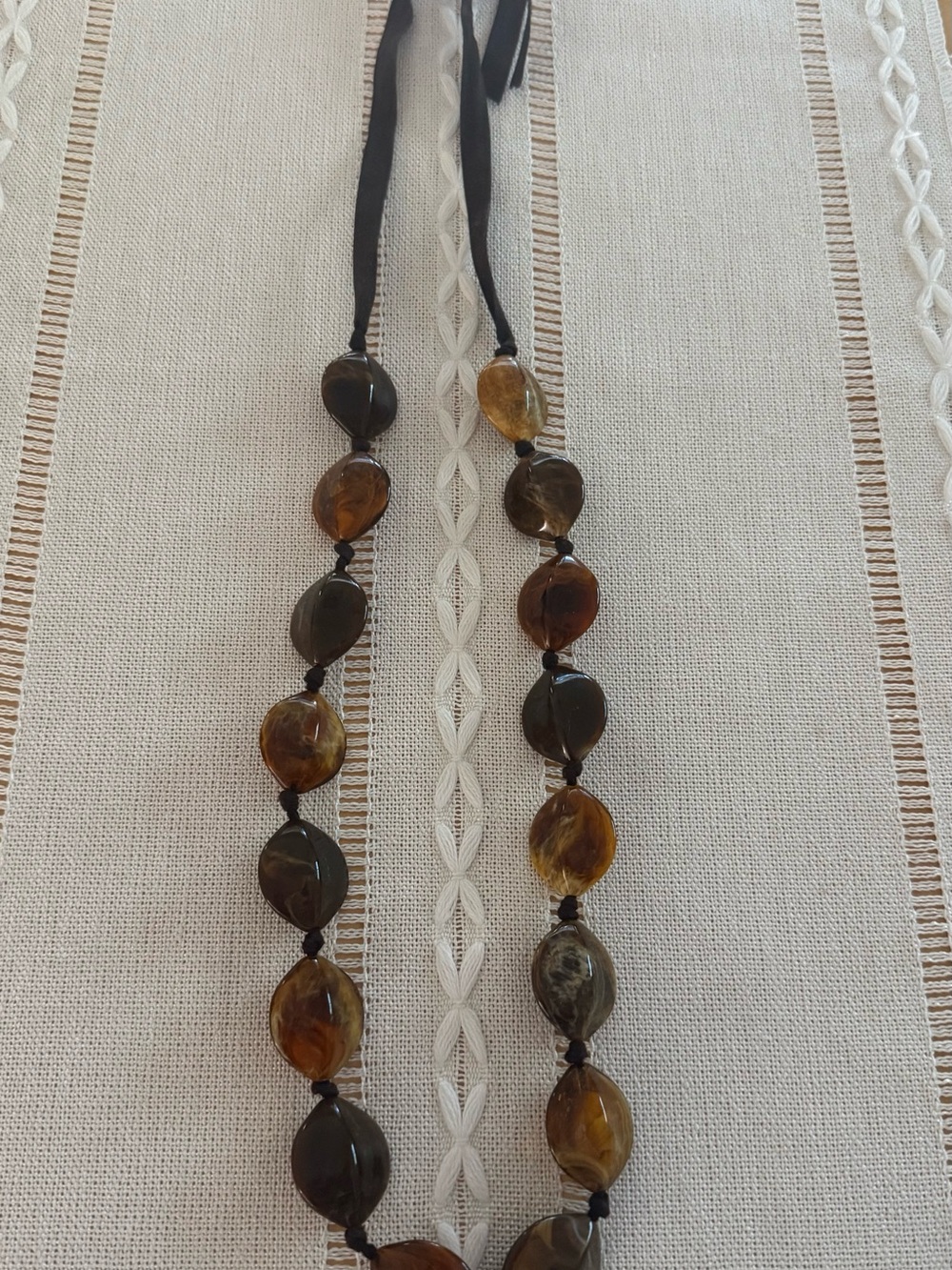 Brown Amber Bead Necklace with ribbon adjustable tie
